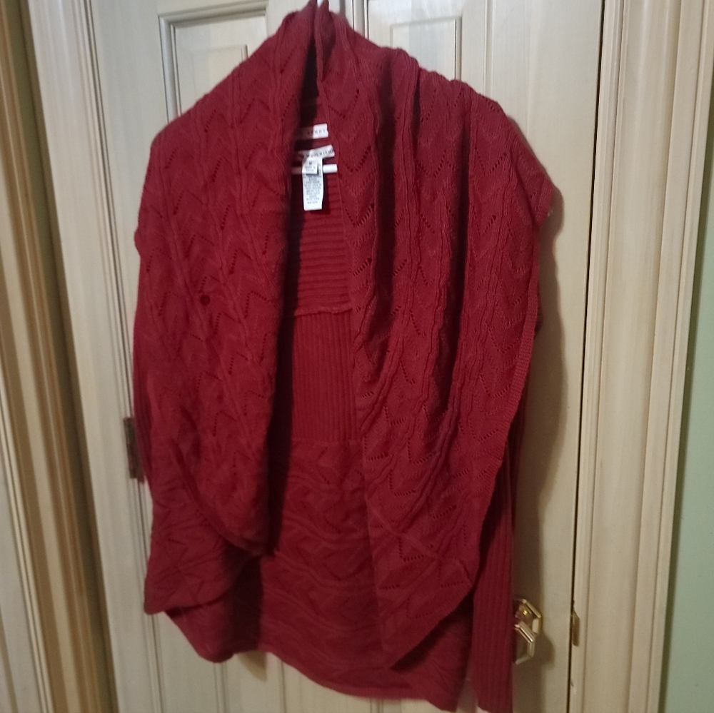 Misses Sz M Max Studio Burgandy Cardigan Sweater Cut Out Pattern Shawl Collar